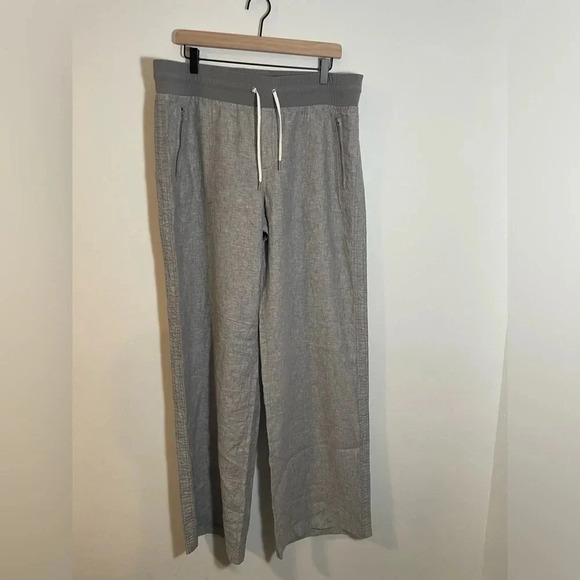 Athleta Cabo Linen Wide Leg Pant Size 16T Gray Elastic Waist Zip Pockets Comfort - Picture 1 of 10